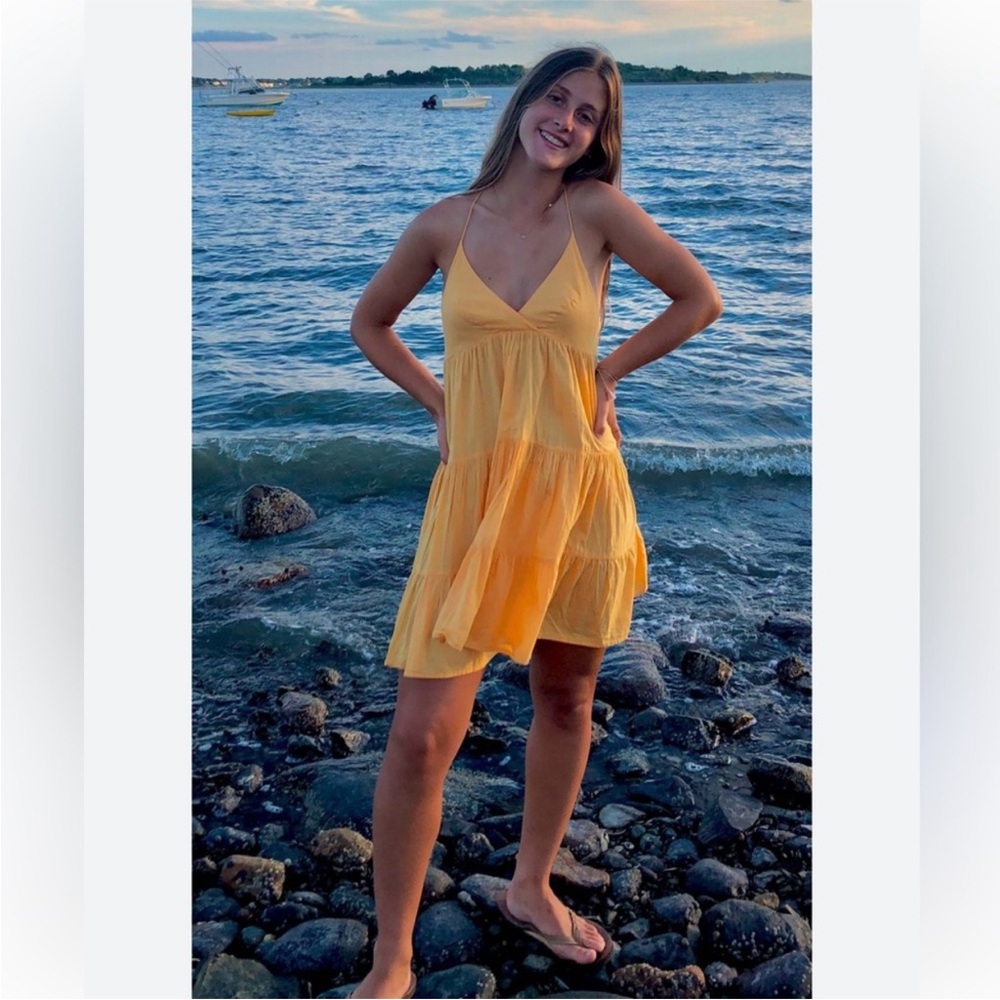 Urban Outfitters UO Yellow Cotton fieldstone tiered mini dress V Neck size S NWT